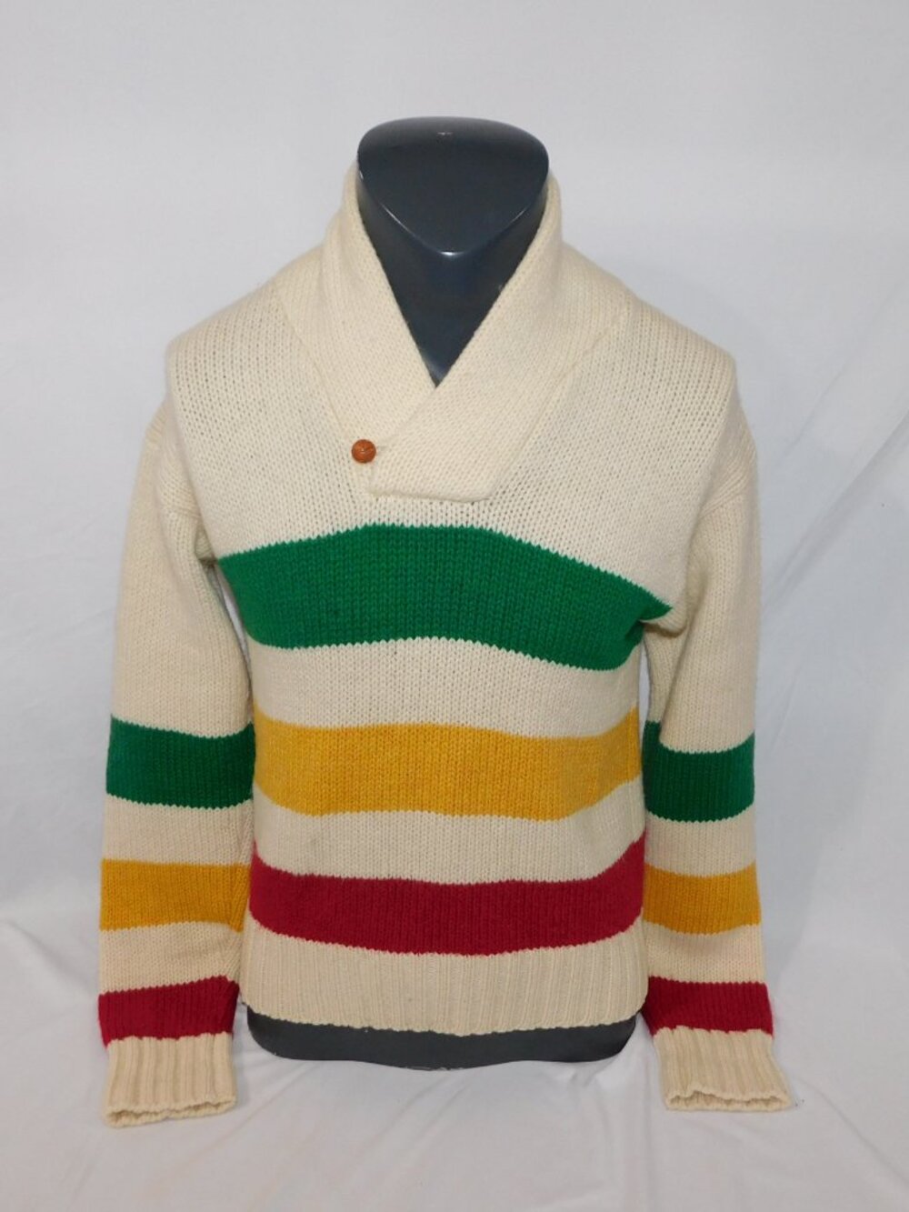 VTG Eddie Bauer Wool Shawl Collar Sweater Striped Cream Green Red Yellow Men M